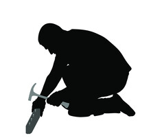 Repairman With Hammer Nails A Nail Vector Silhouette Illustration Isolated On White Background. Handyman Repair With Gavel. Construction Worker Man Knock In Wood. Carpenter Home Renovation. Hard Job.