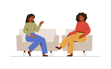 Two women sit on the couches and  talk about something.  Female host listening to her guest story-telling. Psychotherapist has a session with her patient.  Business interview and Conversation concept.