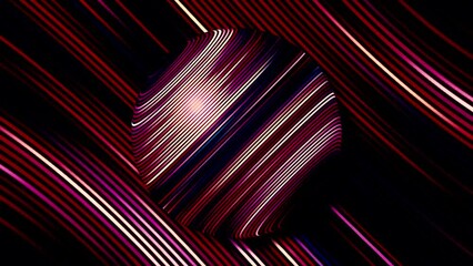 Poster - Abstract planet in outer space in pink colors, seamless loop. Motion. Spinning sphere with glowing stripes.