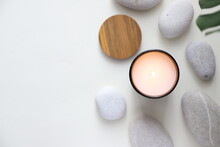 Spa Concept On Stone Background, Palm Leaves, Candle And Zen, Grey Stones, Top View, Copy Space.	