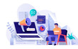 Outbound marketing concept in flat design. Business product promotion scene template. Man works on laptop, attracts new customers, makes ad mailing. Illustration of people characters activities