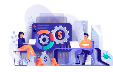 Poster - Financial management concept in flat design. Financial strategy to attract investment scene template. Team working in office, developing business. Illustration of people characters activities
