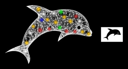 Wall Mural - Glowing net dolphin with colorful light dots. Illuminated vector carcass created from dolphin symbol. Sparkle carcass mesh dolphin, on a black backgound.