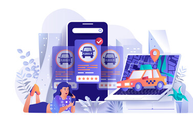 Sticker - taxi booking concept in flat design. woman orders car using mobile application scene template. passe