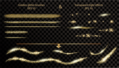 Wall Mural - Gold glitter brushes stroke collection and transparent light effects on dark background. Isolated golden and light elements