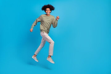 Sticker - Full length profile side photo of young guy run rush motion energetic discount isolated over blue color background