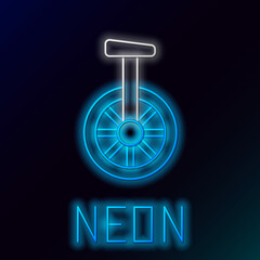 Poster - Glowing neon line Unicycle or one wheel bicycle icon isolated on black background. Monowheel bicycle. Colorful outline concept. Vector