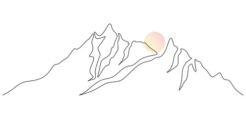 Poster - One continuous line drawing of sunset and mountain range landscape. High mounts peak and sun in simple linear style. Adventure winter sports ski and hiking concept. Doodle vector illustration