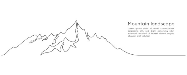 Poster - Mountains landscape in One continuous line drawing. Mounts with high peak in simple linear style. Adventure winter sports and outdoor tourism outline concept . Doodle vector illustration