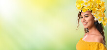 Beautiful Young African-American Woman With Narcissus Flowers On Green Background With Space For Text