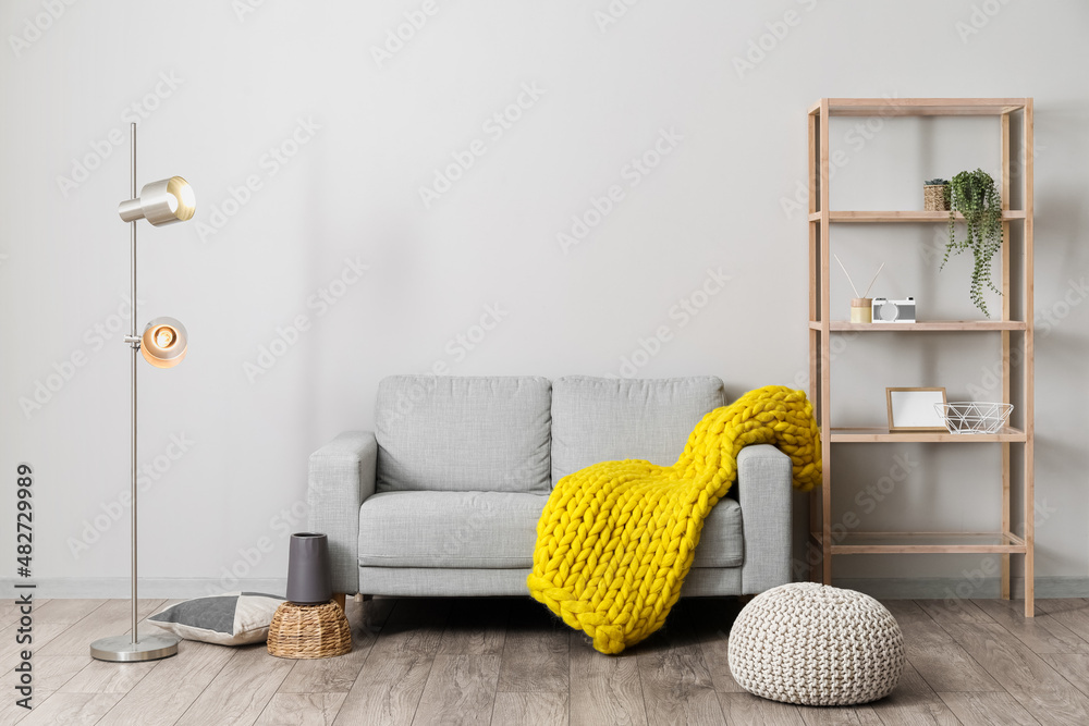 Floor lamp, sofa, shelf unit and pouf near light wall in room