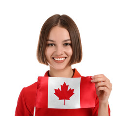 Wall Mural - Beautiful young woman with Canadian flag isolated on white