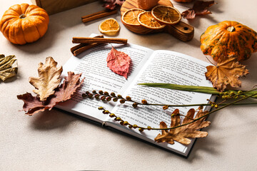 Wall Mural - Autumn decor and book on light background