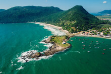 Coastline With Island, Beach And Ocean With Waves In Brazil. Aerial View Of Matadeiro Beach And Ponta Das Campanhas