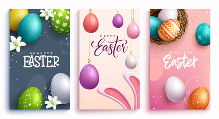 Wall Mural - easter season vector poster set. happy easter greeting text with 3d colorful egg prints and pattern 
