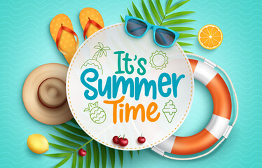 Fototapete - Summer time vector template design. It's summer time text in circle shape space template with floating tropical season objects for holiday season messages. Vector illustration.
