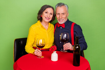 Sticker - Portrait of two lovely peaceful aged people enjoy wineglass restaurant isolated on green color background