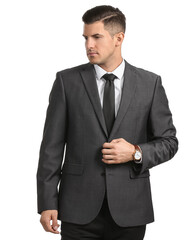Wall Mural - Handsome man in formal suit looking aside on white background