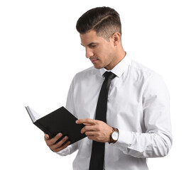 Wall Mural - Handsome man in formal clothes reading book on white background