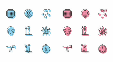 Sticker - Set line Telescope, Rat, Processor, Compass, Glass test tube flask on fire heater, Bacteria, Extraterrestrial alien face and Solar system icon. Vector