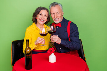 Sticker - Photo of two cheerful idyllic partners hold wineglass cafe table isolated on green color background