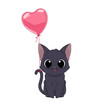 Kot i balon w kształcie serca. Ręcznie rysowany uroczy mały kotek. Wektorowa ilustracja zadowolonego, siedzącego kota. Słodki, romantyczny zwierzak. Kartka walentynkowa.