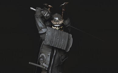 Wall Mural - A samurai wearing Japanese armor and holding a katana on dark background. 3D illustration.