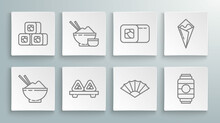 Set Line Rice In A Bowl With Chopstick, Sushi On Cutting Board, Paper Chinese Or Japanese Folding Fan, Japanese Paper Lantern, Temaki Roll And Icon. Vector
