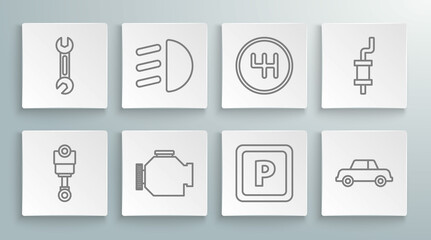 Sticker - Set line Engine piston, High beam, Check engine, Parking, Car, Gear shifter, muffler and Wrench icon. Vector