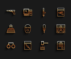 Sticker - Set line Handcuffs, Evidence bag knife, Pistol or gun with silencer, Judge gavel, The arrest warrant, Thief mask, Suspect criminal and Feather pen icon. Vector