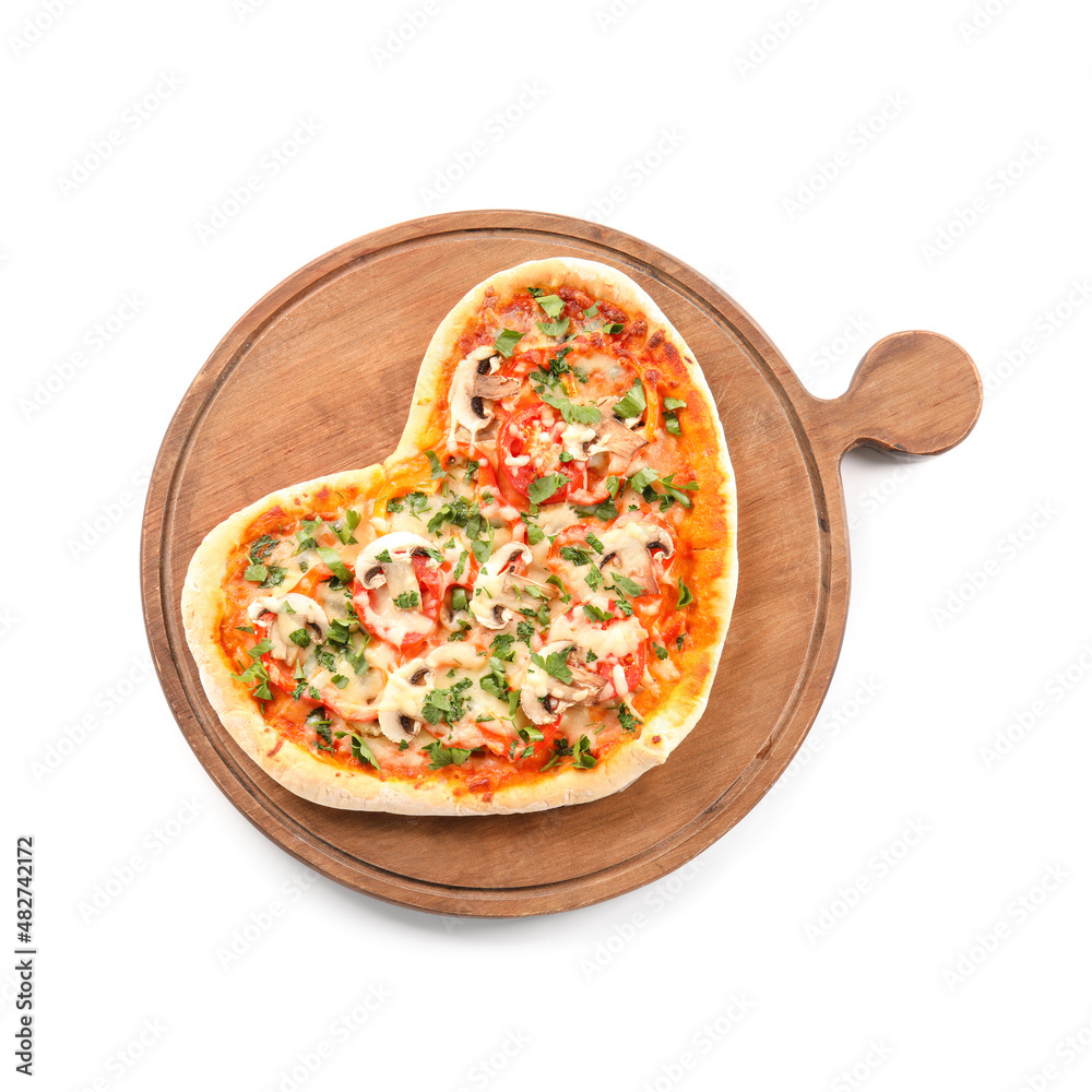 Wooden board with tasty heart-shaped pizza on white background. Valentine's Day celebration