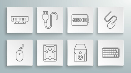 Set line Computer mouse, USB cable cord, Hard disk drive HDD, Uninterruptible power supply, Keyboard, SSHD card, and RAM, random access memory icon. Vector