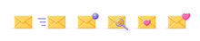 3D Set Of Yellow Not Open Envelopes Icons. Incoming Mail Notify, Newsletter And Online Email Concept. Render Envelopes With Numbers, Heart And Magnifying Glass. 3d Realistic Vector Illustration