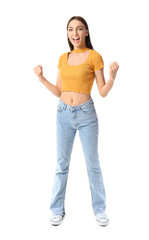 Wall Mural - Happy young woman in yellow top on white background
