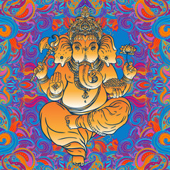 Wall Mural - Hindu Lord Ganesha over ornate colorful mandala. Vector illustration.