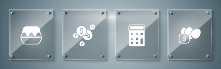 Poster - Set Price tag for egg, Calculator, Coin money with dollar and Chicken box. Square glass panels. Vector