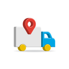 Sticker - Shipping truck with maps pin. Delivery location 3d icon colorful style isolated. Vector illustration