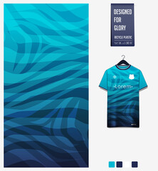 Soccer jersey pattern design. Zebra stripes pattern on blue background for soccer kit, football kit or sports uniform. T-shirt mockup template. Fabric pattern. Abstract background. 