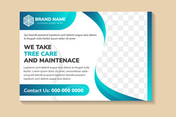 Poster - we take tree care and maintenance flyer design template. blue gradient elements in horizontal Layout.  Report business Leaflet white cover Presentation Modern background. space for photo.