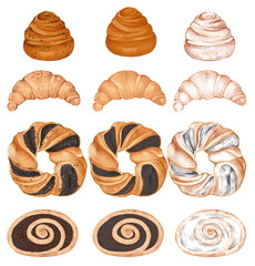 Watercolor flat cartoon style bakery set with illustration of bakery product isolated on white background. Bakery shop design. Natural organic cinnamon bun, croissant, wicker bun, poppy seeds, roll