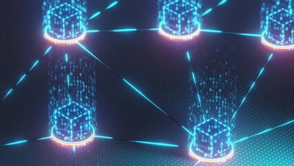 linked blockchain box To encode a digital currency, isometric format, the camera keeps moving.
