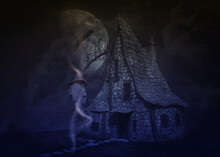3D Abstract Witch House In Night Forest And Ghost