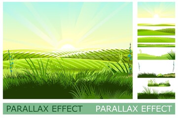 Wall Mural - countryside landscape with vegetable gardens and pastures. against background of distant mountains n