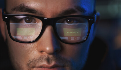 Poster - virtual reality, hacking and cyberspace concept - close up of asian male hacker's face in vr glasses with computer program projection