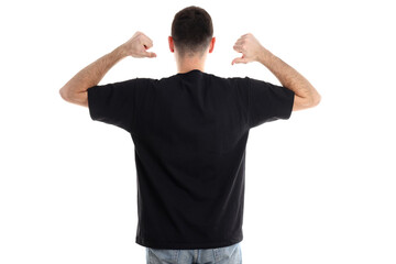Wall Mural - Man in blank black t-shirt isolated on white background