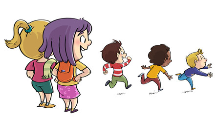 Illustration of little boys and girls running happily