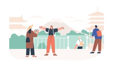 Wall Mural - tourist taking photo in front of landmarks in travel to japan. women going sightseeing in asia journ