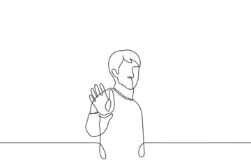 Wall Mural - man waving hand or making stop gesture - one line drawing vector. concept of an invisible or glass wall, call to stop, wave goodbye