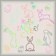 Happy Easter banner. Trendy Easter design with typography, hand painted strokes, eggs, bunnies in pastel colors. Modern minimalist. Poster, greeting card, banner for website, background. Vector EPS 10