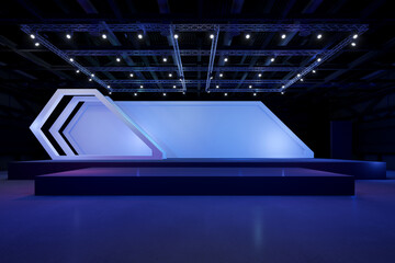 Empty stage Design for mockup and Corporate identity,Display.Platform elements in hall.Blank screen system for Graphic Resources.Scene event led night light staging.3d Background for online.3 render.